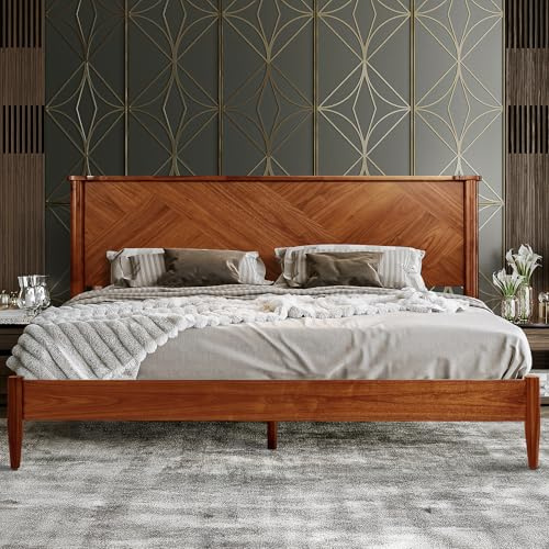 RORNS Panthera Bed Frame with Headboard Solid Wood Platform Bed, Artisan Signature High Headboard Wood Bed Non-Slip and Noise-Free Support All Mattresses, King Bed Frame, Walnut