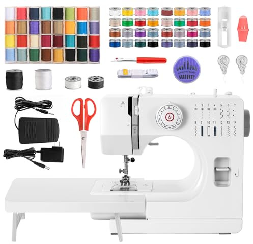 Machine à Coudre Professionnelle Portable avec Grande Table, Polyvalente pour Débutant - 14 Programmes de Couture et Kit 64 Couleurs avec Pédales (A)