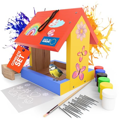 Eli® Kit di mangiatoia per uccelli per bambini in legno di pino da dipingere, incluso 6 colori, pennello, martello in legno, stencil creativi, modelli e chiodi - Nido per uccelli