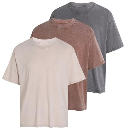 MSIYOW Tee Shirt Homme Oversize Tshirt à Col Rond Lot de 3 T-Shirts Hommes T Shirt Coton Vintage Délavé Décontracté (2XL, Gris, Beige, Kaki)