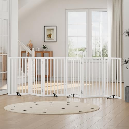 Tall Dog Gates for Doorways, Foldable Dog Gate Indoor, Freestanding Pet Gates for Doorways Bedroom, Puppy Gate with Metal Support Feet, Room Divider,6 Panels (white)