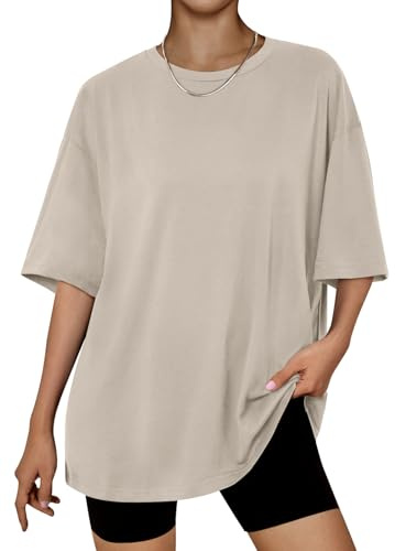 LILLUSORY Fashion Oversized T Shirts for Women UK Plus Size Short Sleeve Tshirts Summer Capsule Wardrobe Tunic Basic Ladies Boho Tops Gym Crew Neck Yoga Clothing Loose Fit Going Out Clothes Khaki 2XL
