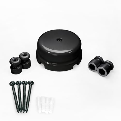 QuirkLz Porcelain Junction Box Diamètre 78 mm - Conçue pour 4 Entrées/Sorties de Câbles - avec 4 Isolateurs en Porcelaine pour Fixation des Câbles - Couleur: Noir Brillant