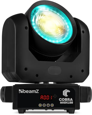 BeamZ Cobra Wash100 - Cabeza móvil LED 100W CW/WW con anillo LED RGB de 26 LEDs, DMX 19 canales, programas automáticos, estroboscopio, sonido, giro 540°, ligera y compacta para eventos