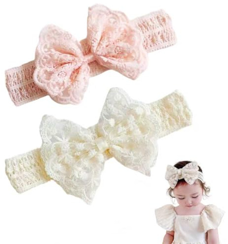 2 Pack Floral Chiffon Baby Headbands Elastic Hair Accessories for Infants and Toddlers for Babies Toddlers Infant Girls Gift Photography (Lace Bow Headbands, One Size)