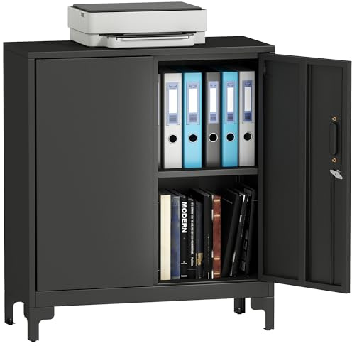 HOMCOM Lockable Metal Filing Cabinet 2-Tier Double Doors 80x35x91 cm Black | Storage Cupboard, Modern Office Organiser