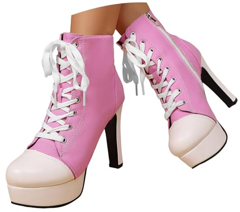 Botines de lona de tacón alto para mujer, zapatos de tacón de aguja ligeros y antideslizantes, plantilla cómoda con cordones y cremallera lateral, puntera redonda, estilo retro Y2K, para salir de