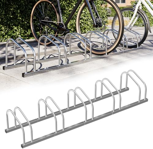 BAKAJI Soporte para Bicicletas de Suelo o Pared, Soporte de Aparcamiento Exterior para Bicicleta, de Acero, con Material de Montaje Incluido (5 plazas)