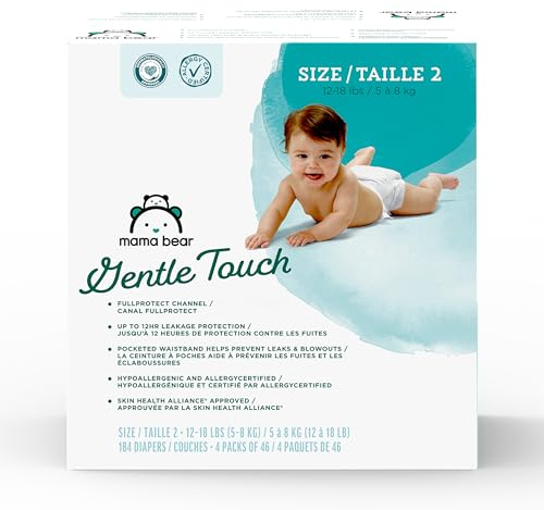 Amazon Brand - Mama Bear Gentle Touch Baby Diapers, Size 2, 184 Count (4 packs of 46), Leak Protection, Wetness Indicator, Fragrance-Free, Chlorine-Free