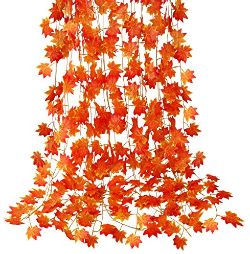 CQURE 12 Pack Fall Leaf Garland, Hanging Vines Garland Artificial Fall Maple Leaves Thanksgiving Decor for Home Wedding Fireplace Party