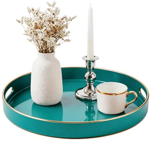 Simmer Stone Round Plastic one Decorative Tray, Round Plastic with Handles, Modern Vanity and Serving for Ottoman, Coffee table, Kitchen and Bathroom, Size 13, Dark Green