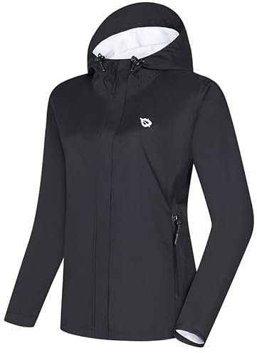 baleaf Women's Rain Jacket Waterproof Breathable Outdoor Jacket 10000 mm H2O Windproof Windbreaker Lightweight Transition Jacket with Hood for Hiking Outdoor Travel Cycling, black, XL