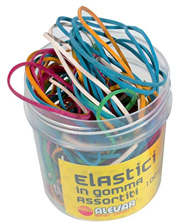 Alevar Elastici in Gomma da Ufficio, Misure e Colori Assortiti, Spessore 1,5 mm, Vasetto da 100 gr