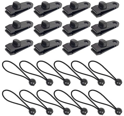Lot de 12 clips de bâche + 12 tendeurs en caoutchouc avec boule de 15 cm, pinces de bâche avec verrouillage de serrage, vis de préhension, clips pour bâche d'extérieur, tente, camping, auvent