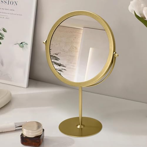 JJUUYOU Espejo de maquillaje de metal con soporte, aumento 1X/15X, espejo giratorio de 360 grados, espejo de aumento de 17 cm, espejos de mesa portátiles para baño, espejos de afeitado, dorado