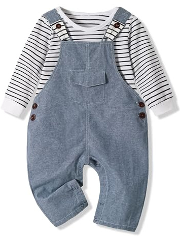 Volunboy Kostym för barn, unisex set med 2 långa ärmar och snickarbyxor söt dinosaurie babyklänning jumpsuit, Denim, 12-18 M�nader