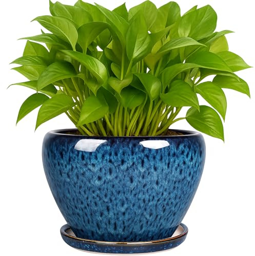 Deep Dream 6 Inch Plant Pots- Ceramic Planter Pot with Drainage Hole and Saucer, Round Flower Pot for Indoor Outdoor Succulent, Snake Plants and Cactus, Blue