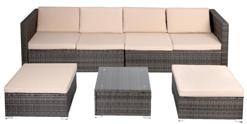 Panana 6 Seater Rattan Garden Furniture Set, Wicker Patio Lounge Sofas with Table Stools Sectional Modular Combination for Conservatory Outdoor Balcony (Mixed Grey Rattan with Beige Cushions)