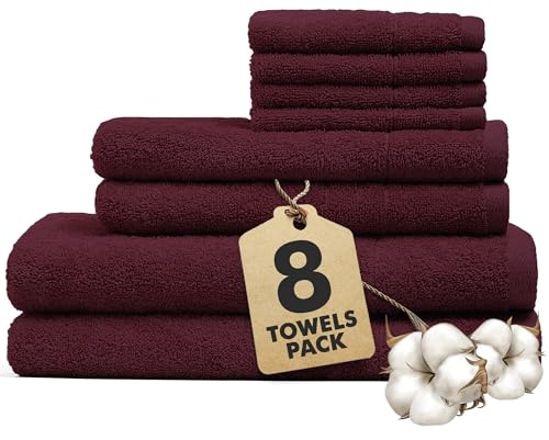 Novo Home Bath Towels Set of 8 – 100% Cotton Burgundy Towel Set Bale Includes 2 Bath, 2 Hand, 4 Face Towels – Soft, Absorbent & Quick Dry Towel for Bathroom, Spa, Kitchen, Hotel Use