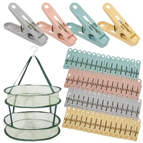 Taybong 60 Pinzas Ropa, Pinzas para la Ropa de plástico de Colores, Clips Antideslizantes con Secador de Malla Plegable Doble, Ideales para Calcetines, Toallas, Ropa