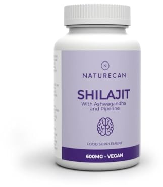 NATURECAN Shilajit-kapslar – 600 mg shilajit från Himalaya med ashwagandha och piperin – 60 kapslar – Veganska, rena och utan tillsatser – Tillverkad i Europa