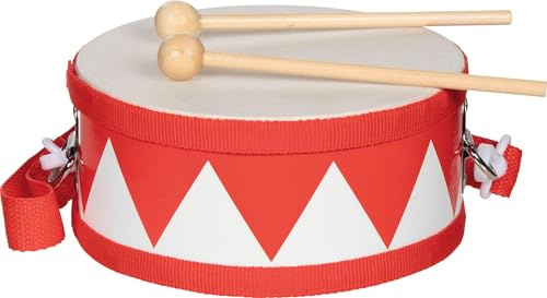 goki 61852 Trommel rot – Kindertrommel aus Holz mit 2 Schlägeln & Schultergurt, Ø 15 cm, H 7 cm