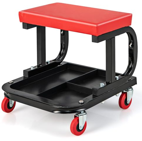 Sgabello da meccanico girevole, capacità 150 kg, con vassoio porta attrezzi e sedile imbottito, 4 ruote per garage e officina di riparazione auto