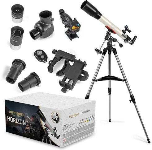 Omegon Horizon CR AC 70/700 EQ-1 Neo Télescope | Réfracteur Achromatique | Monture EQ-1 Neo | Trépied en acier inoxydable | Kit complet avec accessoires | pour la lune, les planètes et l'observation
