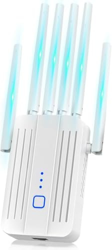 Repetidor WiFi Potente con 6 Antenas, Amplificador Señal WiFi Largo Alcance, Extensor WiFi Soporta 64 Dispositivos, Modos (Repetidor, Ap), Cobertura hasta 3200 pies², para Casa y Oficina