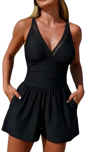 Traje De BañO De Una Pieza para Mujer, Elegante Y Favorecedor, con Cuello Halter, Escote En V, Falda Y Shorts, Y Bolsillos