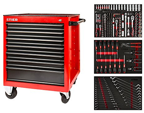 STIER Werkstattwagen, bestückt, 223-teilig, 179-tlg Steckschlüsselsatz, 17-tlg Schraubendreher & Zangensatz, 27-tlg Ringmaul- & Doppelringschlüsselsatz, 7 Schubladen, Werkzeugwagen, Montagewagen