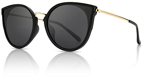 SUNGAIT Damen Übergroß Katzenauge Polarisierte Sonnenbrille Vintage UV-Schutz Sonnenbrille(Schwarzer Rahmen Glänzend Finish/Graue Linse)-SGT969LHHH