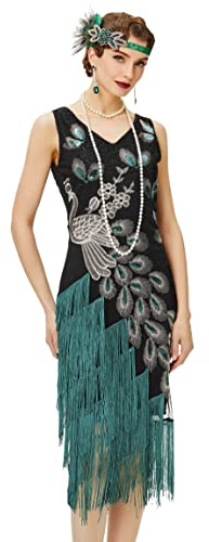 BABEYOND Robe à Franges et à Motif de Paon à Sequins de Style rétro années 1920, Gatsby Le Magnifique
