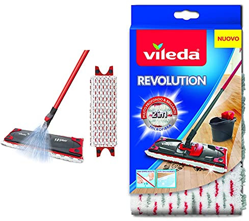 Vileda 1-2 Spray Scopa Lavapavimenti A Spruzzo con Ricambio in Microfibra, Rosso & Revolution Panno Ricambio 2 in 1 in Microfibra, Bianco