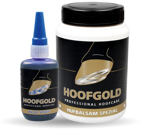 HOOFGOLD Set Hufbalsam Spezial & BlueStuff – Strahlfäule Pferd Mittel, Huffett & Hufpflege gegen Hufspalten, trockene Hufe, Hufrisse – 250 ml Balsam & 50 ml BlueStuff