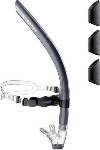 CAPAS Training Swim Snorkel for Lap Swimming, Ultimate Fit Center-Mount Swimmers Snorkel with Liquid Silicone Mouthpiece Adjustable Strap Swivel Headband, Designed for Adult Men Women (Navy Black)