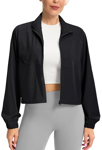 Soothfeel Women's Athletic workout Jacket Lightweight UPF 50+ Long Sleeve Sun Protection Shirts Zip Up Cropped Hiking Tops (Black, M)