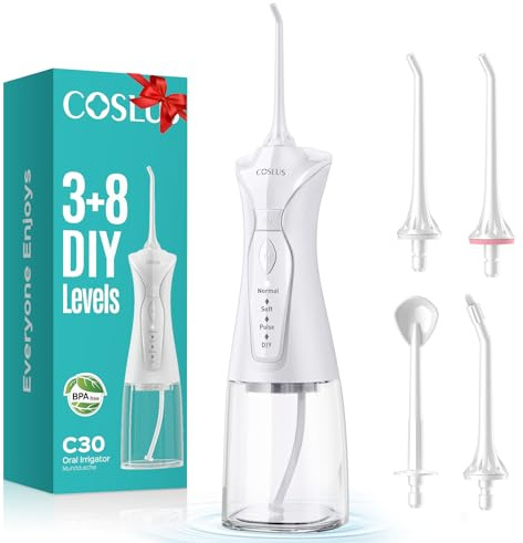 COSLUS Water Teeth Flosser Picks: 4 Modes Cordless Irrigator 300ML Portable Electric Flossing Machinerie for Teeth Cleaning Rechargeable IPX7 Waterproof Tooth Pick Set Cleaner for Travel Home