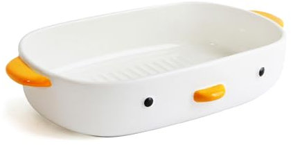 PURROOM Cute Duck Baking Dish, Ceramic Casserole Dish, White Porcelain Pie Pan, 10x7 in Large Baking Pan with Handles, Oven Safe & Durable Bakeware for Lasagna.