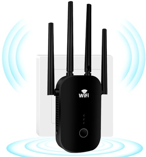 WLAN Verstärker 1200Mbit/s Dualband,WLAN Repeater 2.4GHz & 5.8GHz,WiFi Extender Booster mit WPS,WiFi Internet Verstärker mit externen 4 * 3dBi Dual-Band-Antennen, Internet Booster bis zu 3000qm
