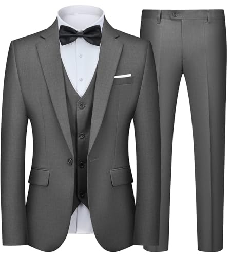 Autsel Trajes para Hombre de 3 Piezas Slim Fit Elegantes Negocio Boda Traje Blazer Chalecos Pantalones Gris Oscuro M