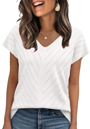 WIHOLL Womens Summer Tops Trendy Casual Cap Short Sleeve Sweater Beach Vacation Clothes Travel Outfits 2026 Casual V Neck T Shirts Soft Cute Spring Tops Tshirts Shirts for Women White L
