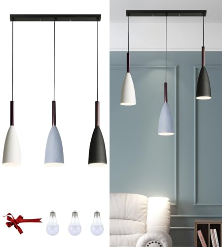 Bravsekai 3 Lights Restaurant Pendant Lights Kit, Modern Industrial Metal Chandelier with 3 Warm White Bulbs, Adjustable Hanging Fixture for Kitchen Island, Dining Room, Cafe, Minimalist Decor
