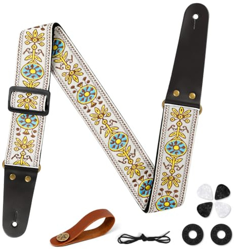 Aucuu Gitarrrem, 5 cm broderi gitarrremmar med läderändar axelrem, vintage broderade gitarrremmar levereras med bandknapp, 1 par remlås och 4 gitarrplektrum