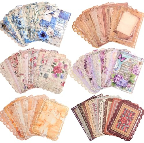 66 Sheets Lace Edged Scrapbook Paper Set, 6 Packs Vintage Decorative Paper Scrapbooking Supplies for Letter Writing Background Stationery Ephemera for Junk Journaling, DIY Art Collage 4.9x6.9 in