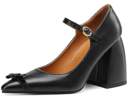 Dam rosett spetsig tå tjock klack Mary Jane spänne rem fest bröllopsklänning pumps hovskor, Svart, 40.5 EU