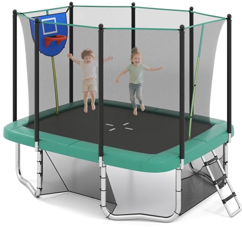 GYMAX Trampolín Rectangular para Exteriores, Trampolín de Jardín con Red de Seguridad, Aro de Baloncesto, Portería de Fútbol, Escalera Incluida, para Niños y Adultos, para Patio y Parque