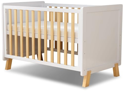 MEICI BABY Alex -3-in-1 Wooden Baby Cot Bed，Baby Crib，Convertible Baby Bed，3 Adjustable Bed Base Positions ，Short Guardrail， Mattress Not Included，From Birth to 5 Years (120x60CM(NO MATTRESS))