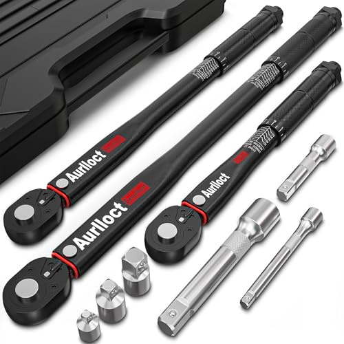 Aurlloct Juego de Llave Dinamométrica 1/4 & 3/8 & 1/2, Llaves Dinamométricas 5-55Nm, 10-140Nm, 20-230Nm, 72 Dientes Cabezal Reversible, para Bicicleta, Moto, Coche, 9 Piezas
