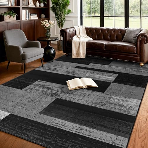 LIANLAM 5x7 Washable Area Rugs for Living Room and Bedroom, Vintage Checkered Pattern Non-Slip Carpet, Stain Resistant Low Pile Soft Rug for Dining Room,Office,Nursery,Kids Room(5x7,Gray)